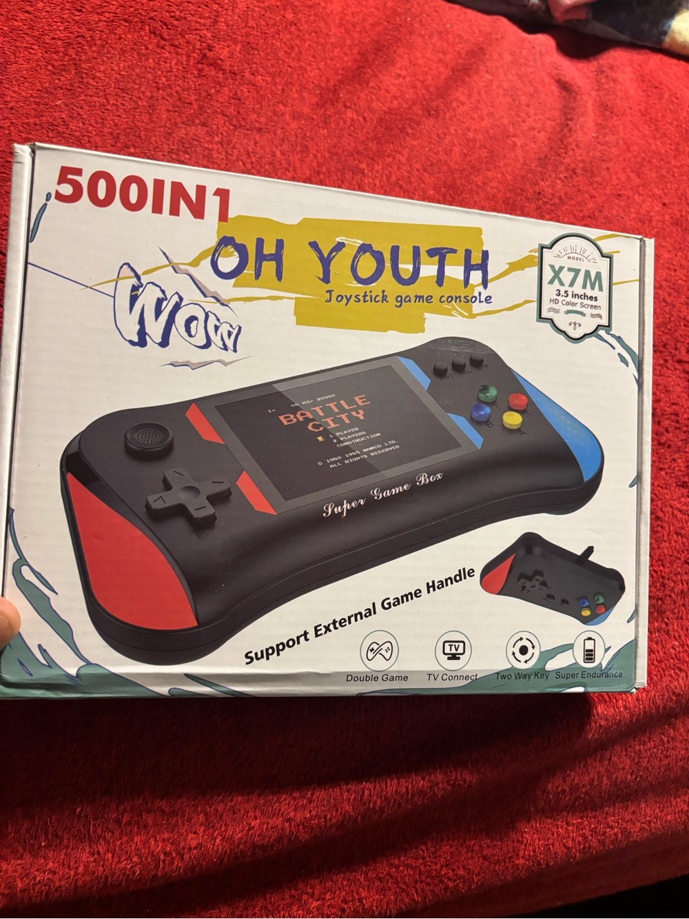 500-in-1 Wow Oh Youth Black Retro Handheld Game Console with Red & Blue Accents